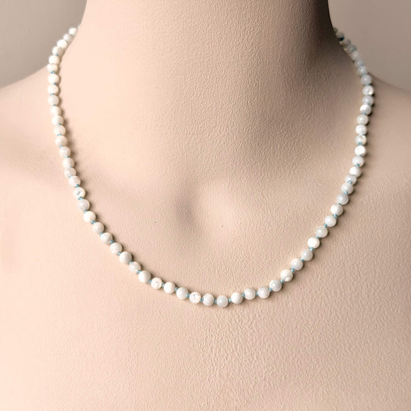 White Mother-of-Pearl Necklace - 14k Gold Filled - Light Blue Cord