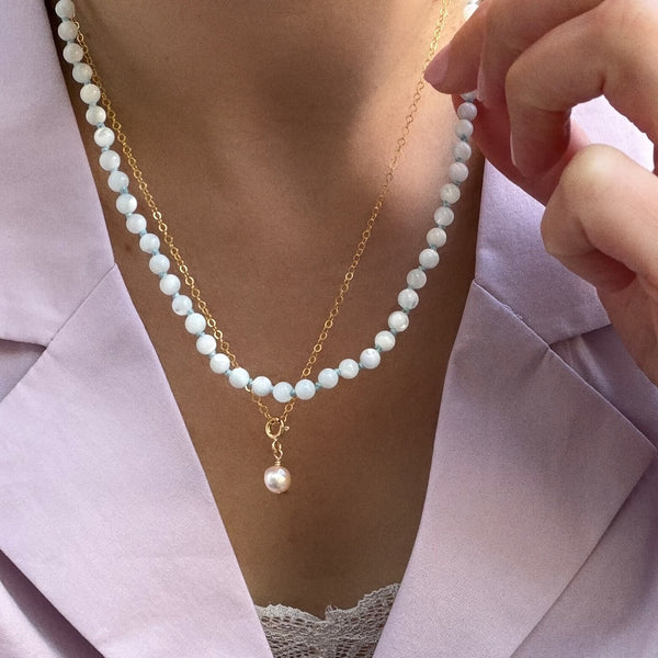 White Mother-of-Pearl Necklace - 14k Gold Filled - Light Blue Cord