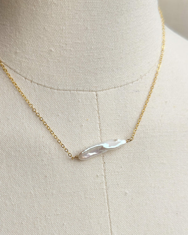 White Pearl Bar Necklace - 14k Gold Filled