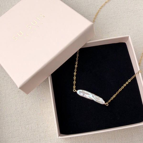 White Pearl Bar Necklace - 14k Gold Filled