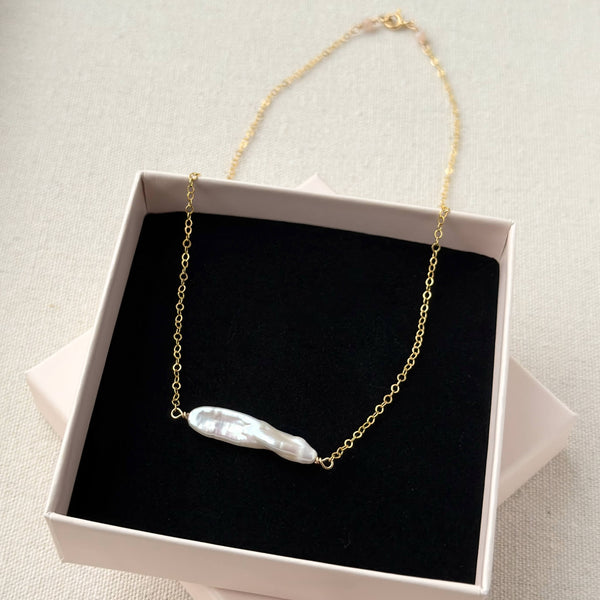 White Pearl Bar Necklace - 14k Gold Filled