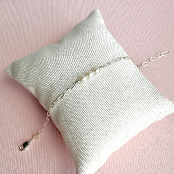 White Pearl Paperclip Bracelet - 925 Solid Silver