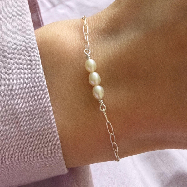 White Pearl Paperclip Bracelet - 925 Solid Silver