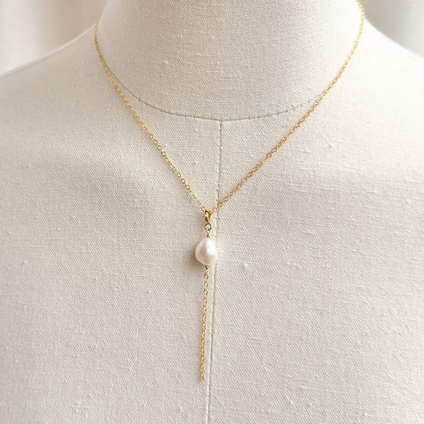 White Pearl Charm / Y-Necklace - 14k Gold Filled