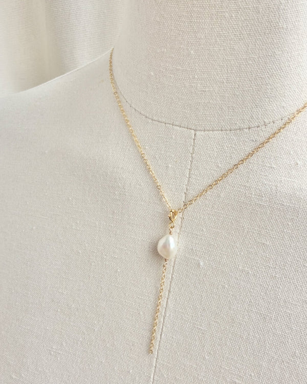 White Pearl Charm / Y-Necklace - 14k Gold Filled