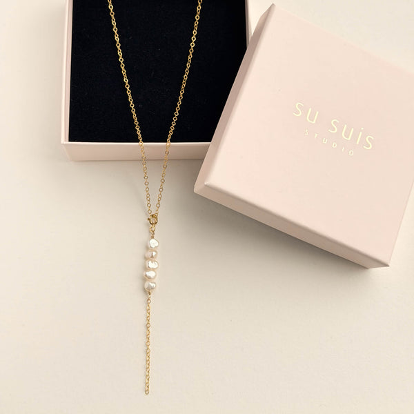 White Pearl Charm / Y-Necklace - 14k Gold Filled