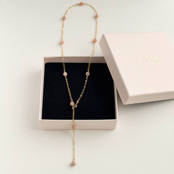 Peach Moonstone Y-Necklace - 14k Gold Filled