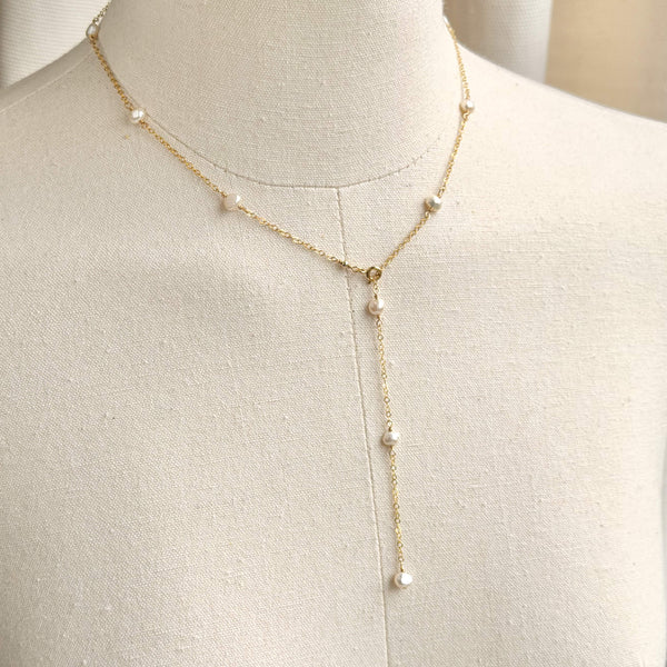 White Pearl Y-Necklace - 14k Gold Filled