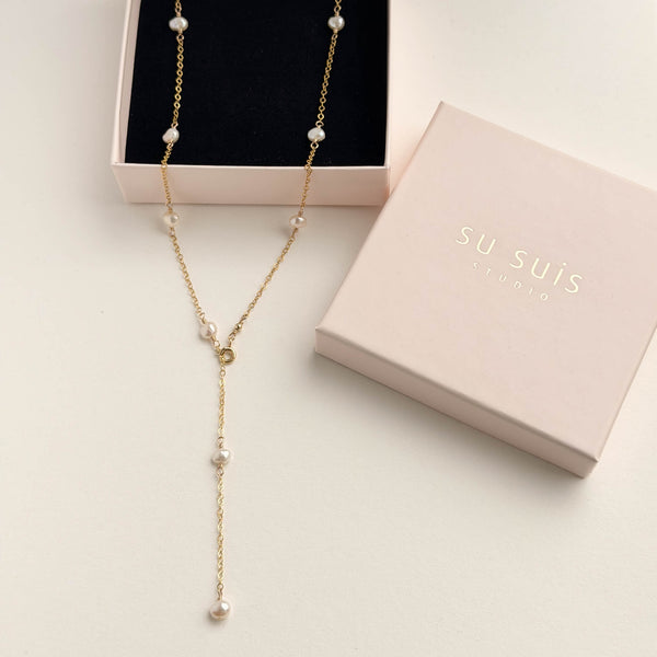 White Pearl Y-Necklace - 14k Gold Filled