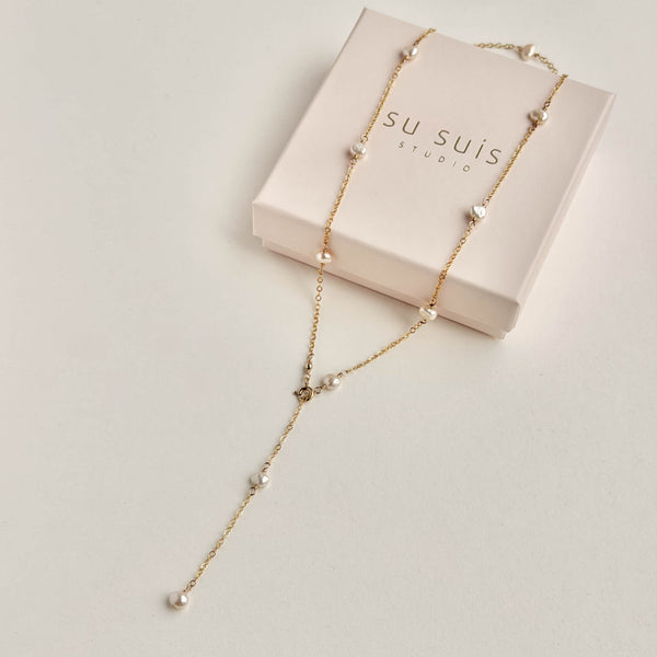 White Pearl Y-Necklace - 14k Gold Filled